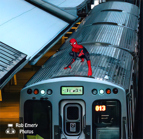 Spiderman riding a train